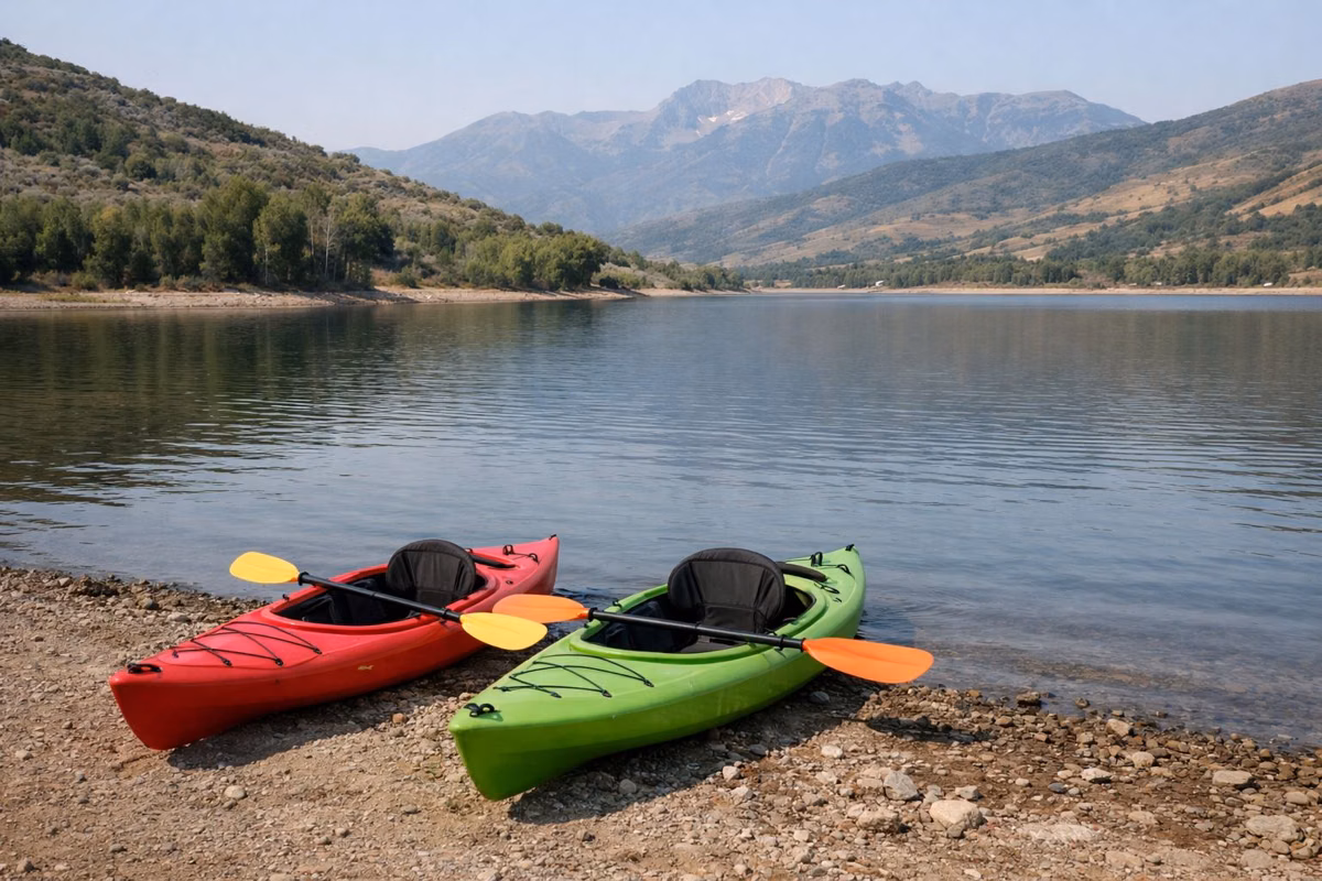 Two kayaks pulled up on a gravel reservoir shoreline with paddles resting on them