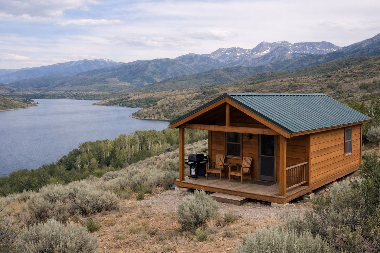 A small wooden camping cabin with a covered porch on a sagebrush hillside above a reservoir