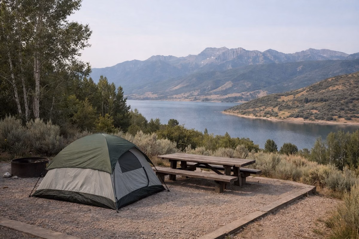 A small tent on a gravel tent pad beside a picnic table among sagebrush