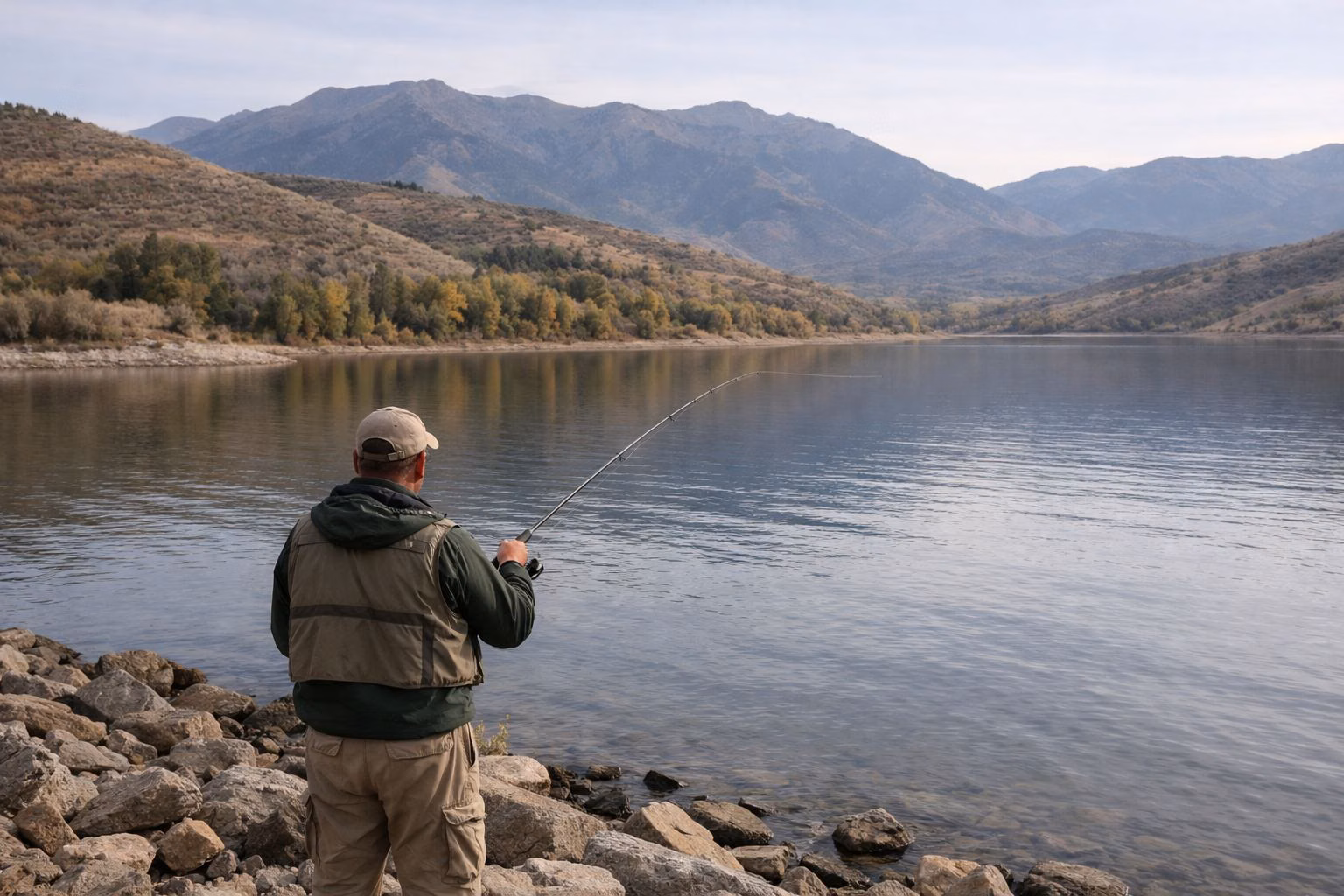 An angler seen from behind casting from a rocky shoreline into a calm mountain reservoir