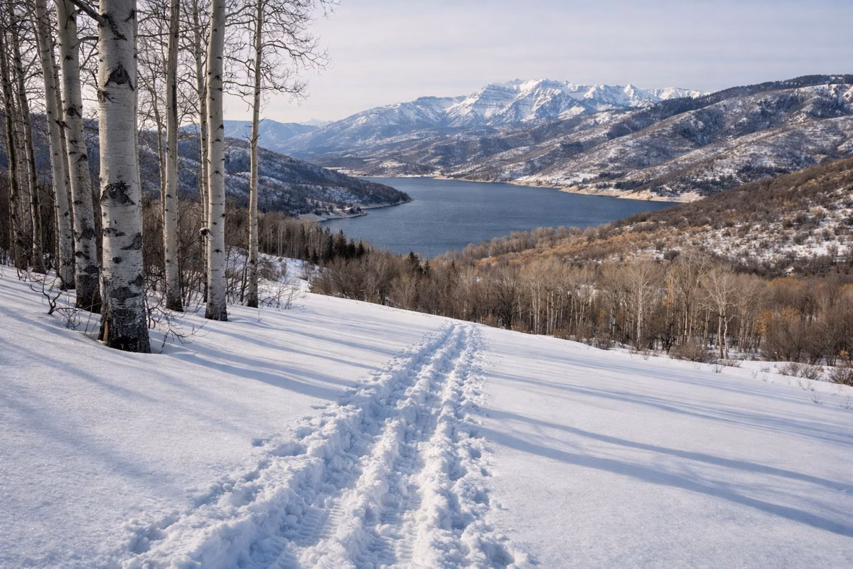 Snowshoe tracks crossing fresh snow through bare aspen trees