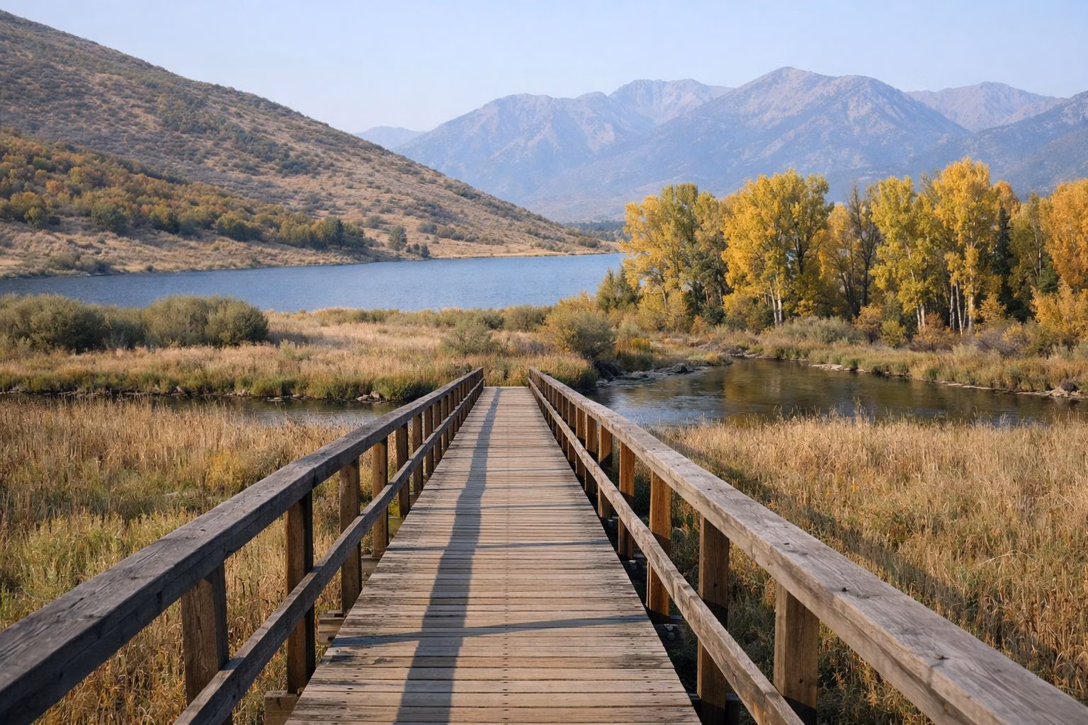 A wooden boardwalk crossing a wetland toward a river lined with yellowing cottonwood trees
