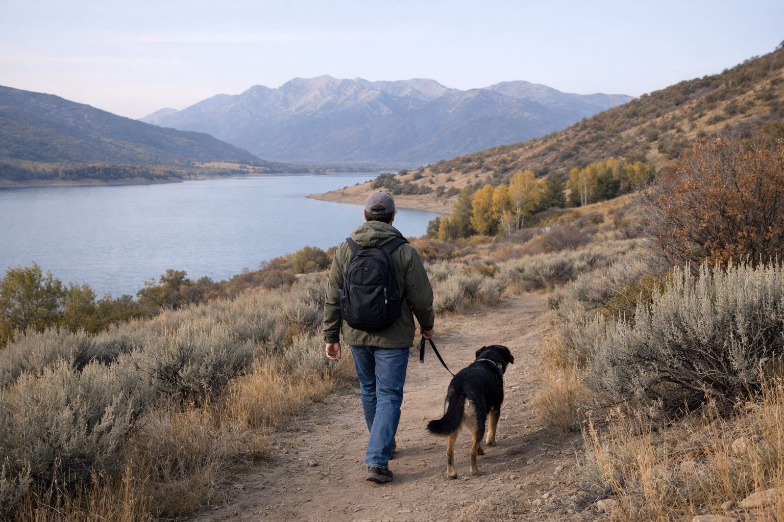 A person walking a leashed dog on a dirt path through sagebrush beside a reservoir